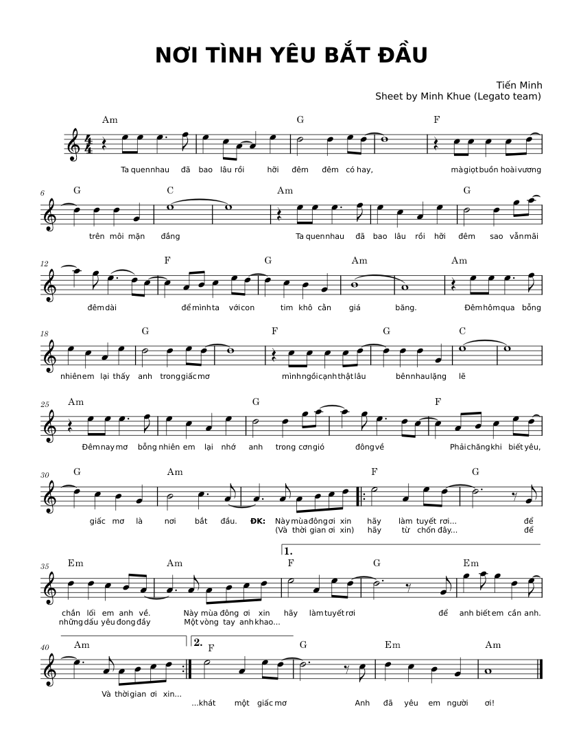  nơi tình yêu bắt đầu Sheet Music with Chords for Piano (Solo) easy Motiv 