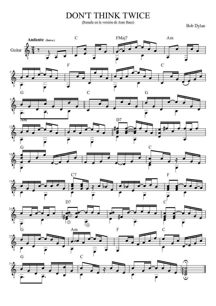 Don T Think Twice Sheet Music For Guitar Solo Musescore Com
