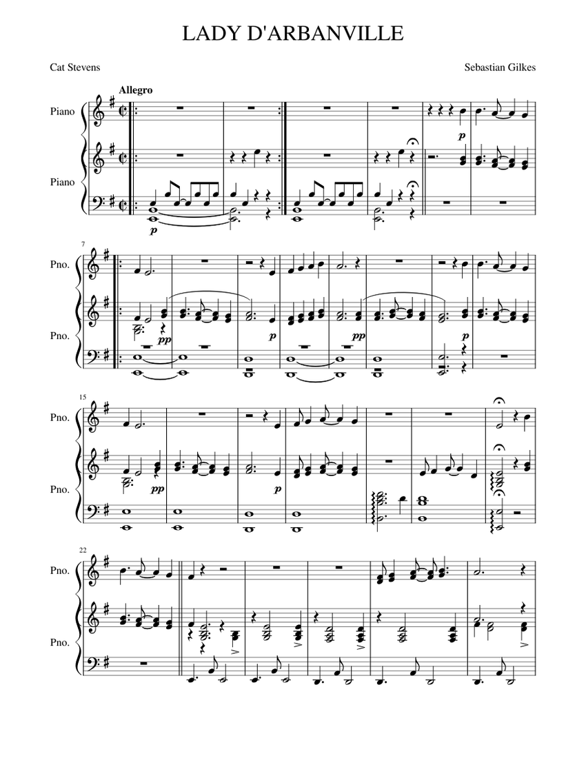 LADY D'ARBANVILLE - CAT STEVENS Sheet music for Piano (Piano Duo) |  Musescore.com