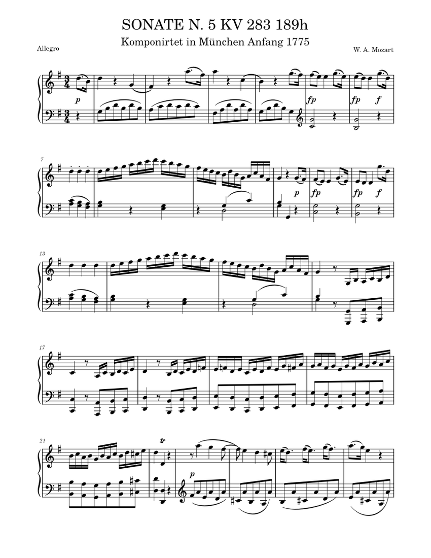 W. A. MOZART PIANO SONATA N. 5 IN G MAJOR KV 283 189h Sheet music for Piano  (Solo) | Musescore.com