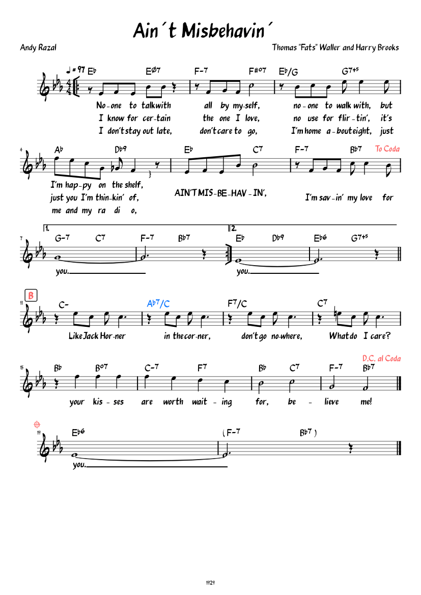 Ain't Misbehavin' (Lead sheet with lyrics ) Sheet Music with