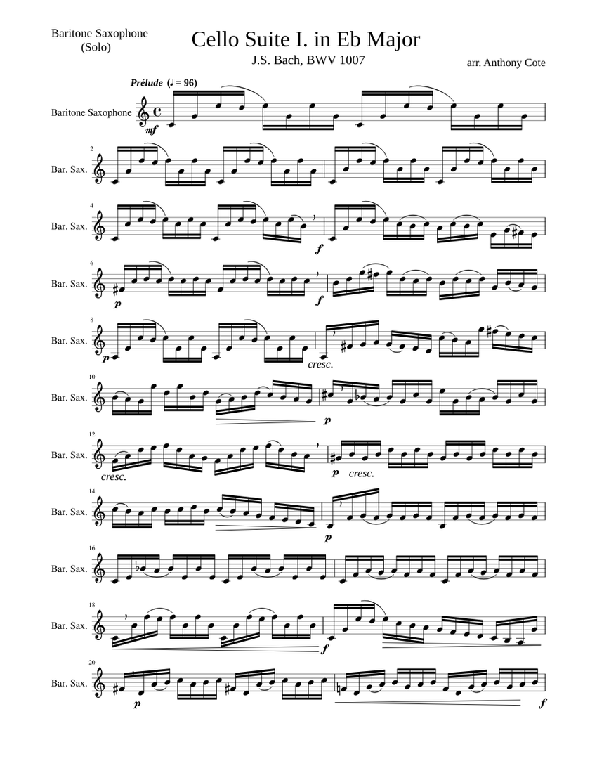 Cello Suite I. (Prelude) in Eb Major For Baritone Saxophone Sheet music
