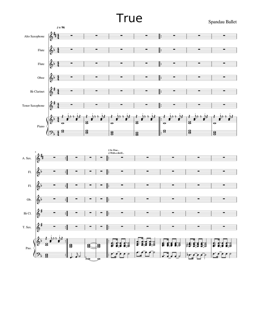 True By Spandau Ballet Intermediate Piano And Horns Backing Sheet Music For Piano Flute Clarinet In B Flat Saxophone Alto More Instruments Mixed Ensemble Musescore Com