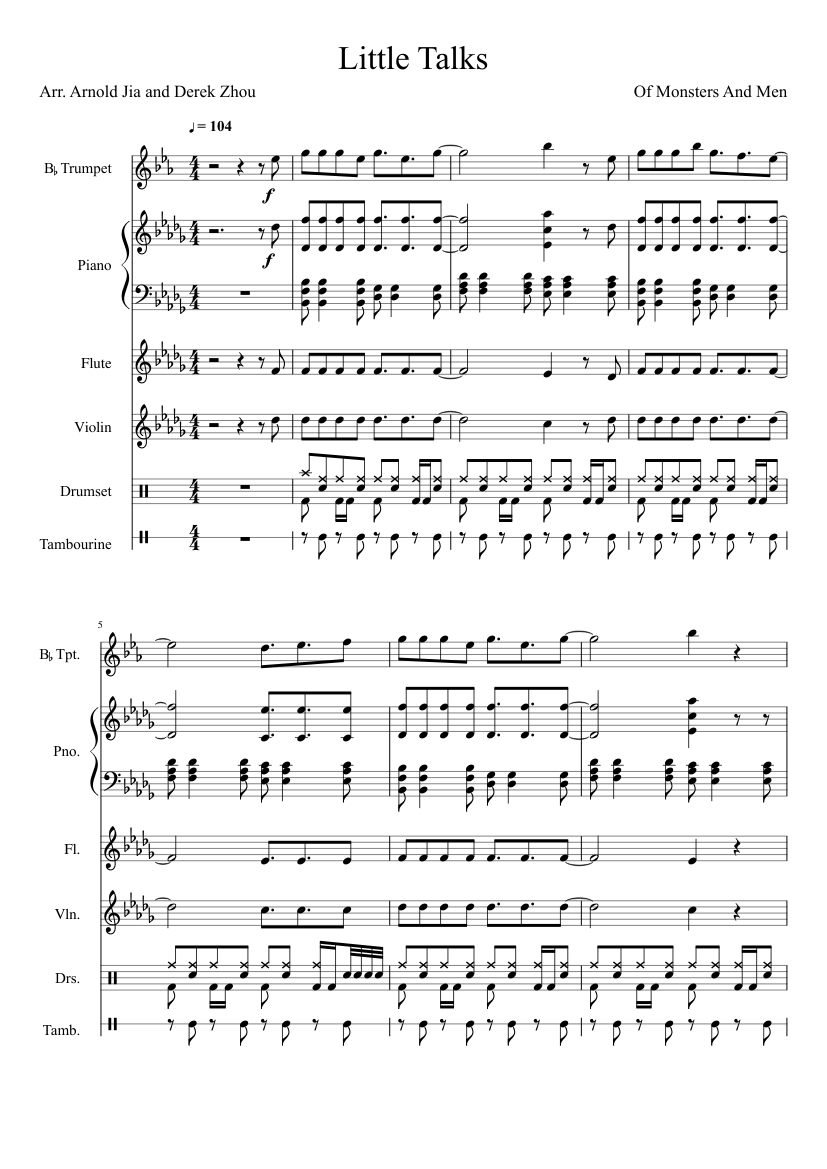 Little Talks-Of Monsters and Men Sheet Music for Piano, Flute, Violin,  Trumpet other (Mixed Quartet) | MuseScore.com