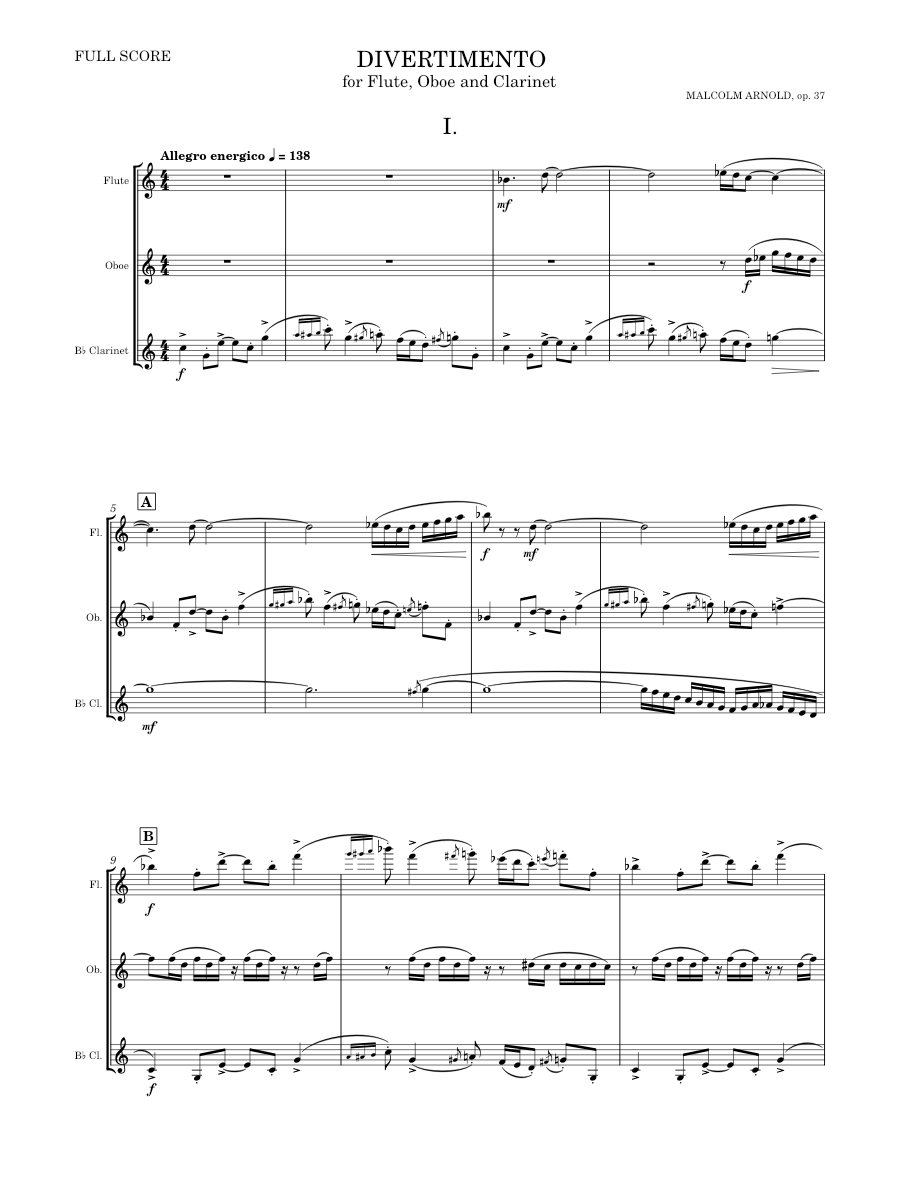 Ensemble À Vent Score Clarinette Partitions pour Musique De Chambre Hautbois Flûte Traversière Malcolm Arnold: Divertimento For Wind Trio Op.37 