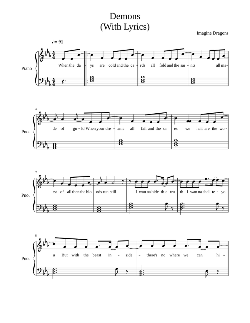Imagine Dragons - Demons (With Lyrics) Sheet music for Piano (Solo) |  Musescore.com
