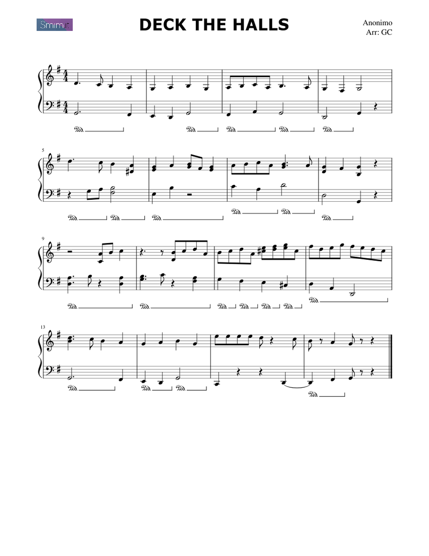 Deck The Halls Sheet Music For Piano (Solo) Easy | Musescore.com