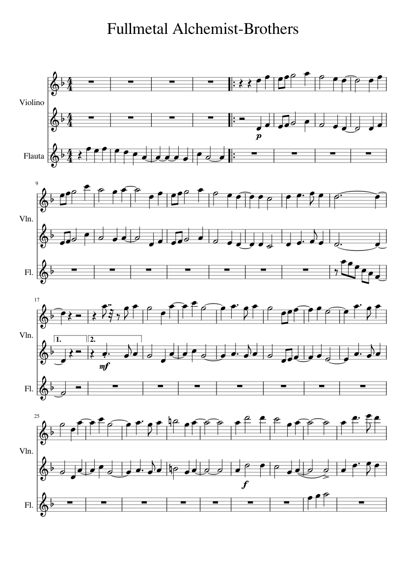 Brothers-Fullmetal alchemist Sheet music for Violin, Flute (Mixed Duet) |  Musescore.com