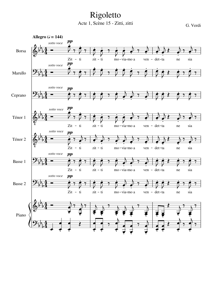 Verdi, Rigoletto: Act 1 - Zitti, zitti Sheet music for Piano, Tenor, Bass  voice, Baritone & more instruments (Mixed Ensemble) | Musescore.com