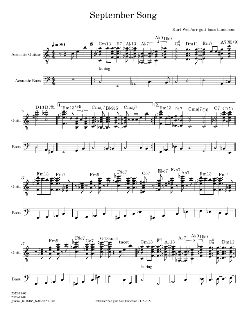September song – Kurt Weill Sheet Music with Chords for Guitar, Bass ...