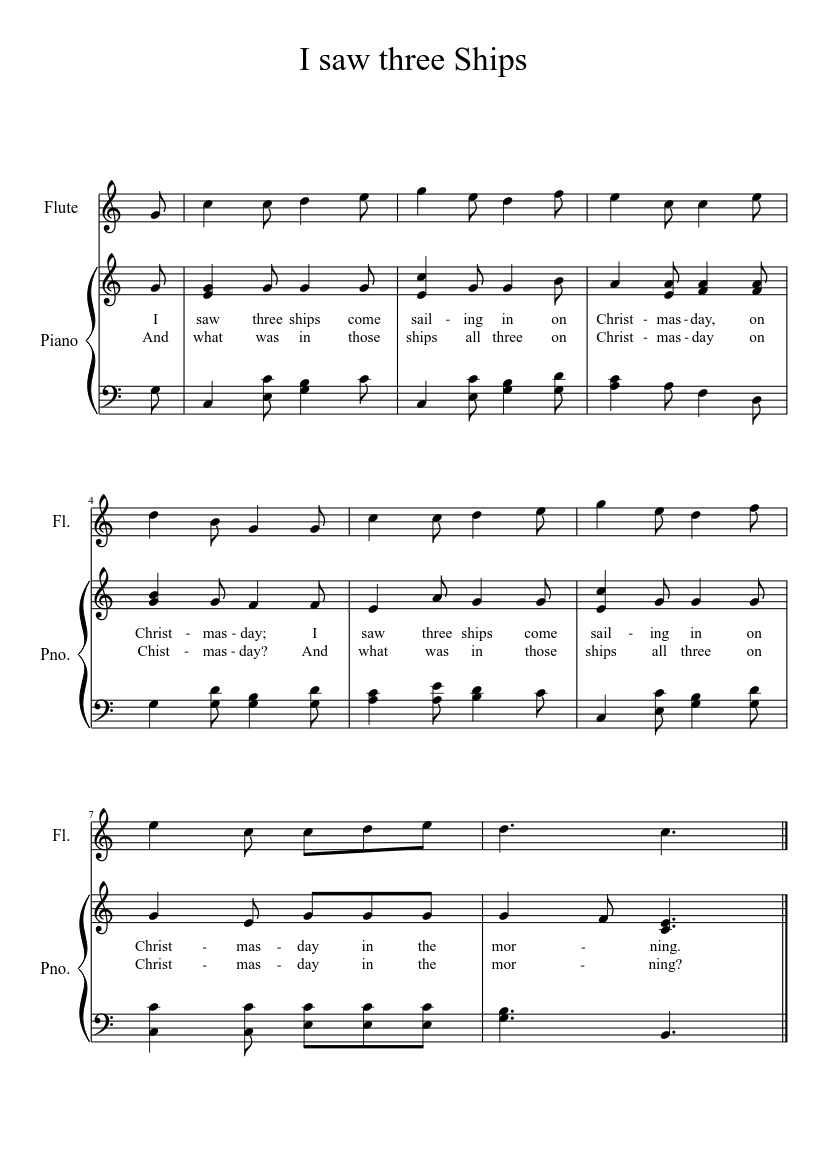I Saw Three Ships Sheet Music For Piano Flute Solo Musescore Com