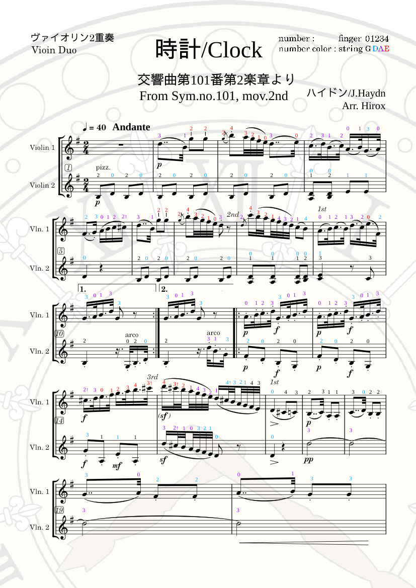 Clock from sym. no 101 by J.Haydn Sheet Music for Violin (String