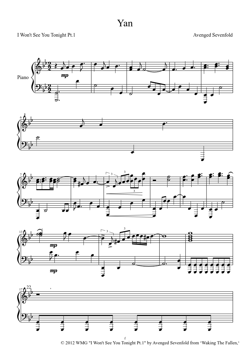 I Won T See You Tonight Pt 1 Sheet Music For Piano Solo Musescore Com