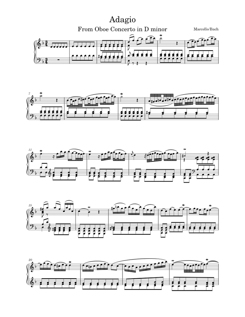 Adagio from Oboe Concerto in D minor - Marcello/Bach Sheet music for Piano  (Solo) | Musescore.com
