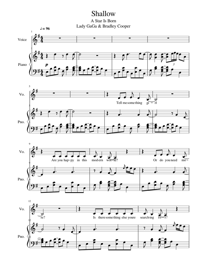 Lady GaGa - Shallow [piano/vocal] Sheet music for Piano, Vocals  (Piano-Voice) | Musescore.com