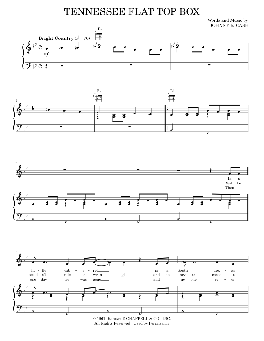 Tennessee Flat Top Box Sheet music for Piano, Vocals by Johnny Cash