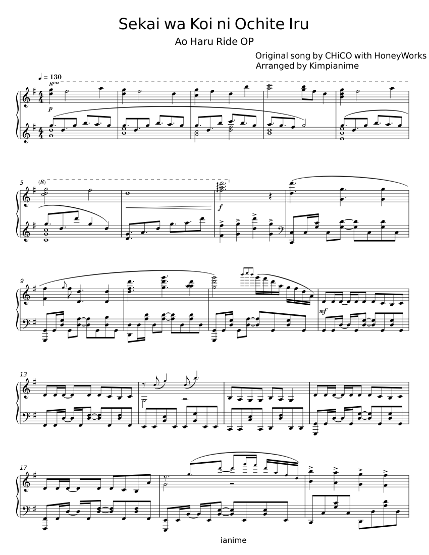 Sekai wa koi ni ochiteiru - CHiCO with Honeyworks Sheet music for Piano ...