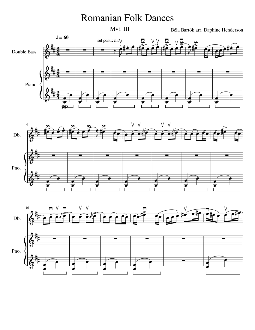 Romanian Folk Dances: Solo for Double Bass and Piano: Mvt 3 Sheet music ...