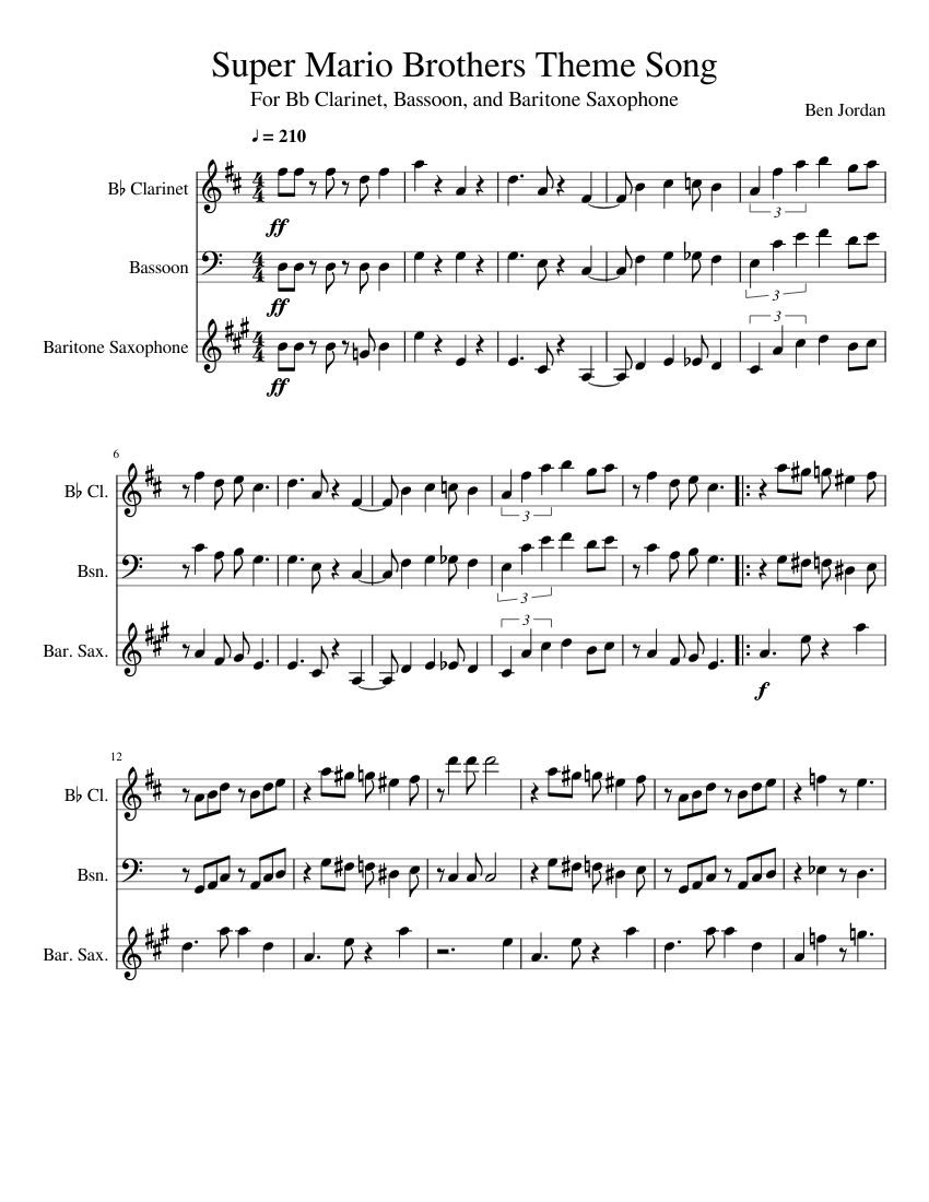 Super Mario Brothers Theme Song Sheet Music for Clarinet in b-flat ...