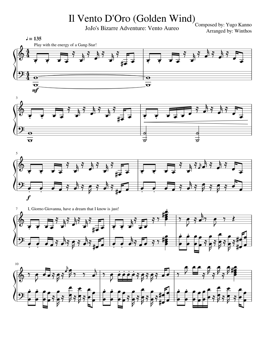 Il Vento D'Oro (Golden Wind) Sheet music for Piano (Solo) | Musescore.com