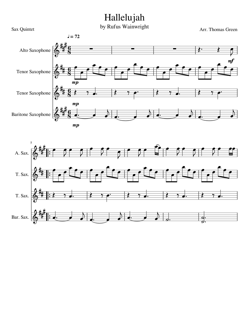 Hallelujah Sheet Music For Saxophone Alto Saxophone Tenor Saxophone Baritone Saxophone