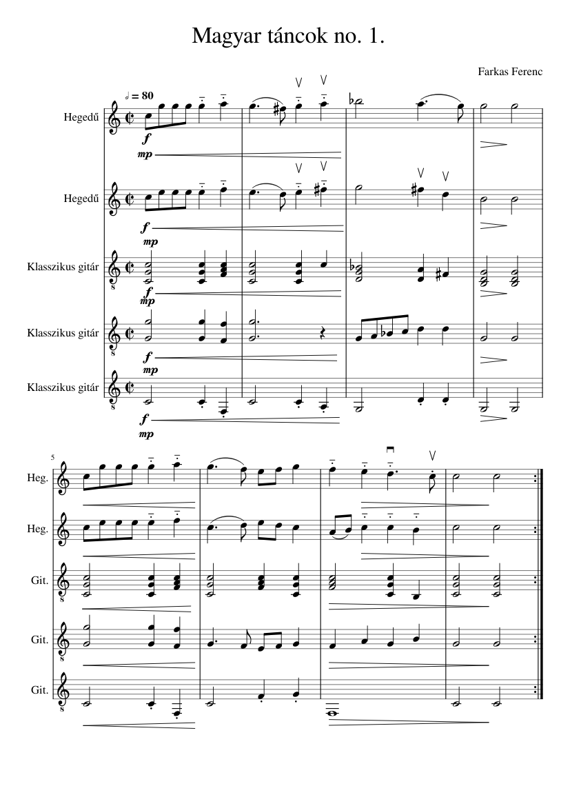 Magyar táncok no. 1. partitúra Sheet music for Violin, Guitar (Mixed  Quintet) | Musescore.com