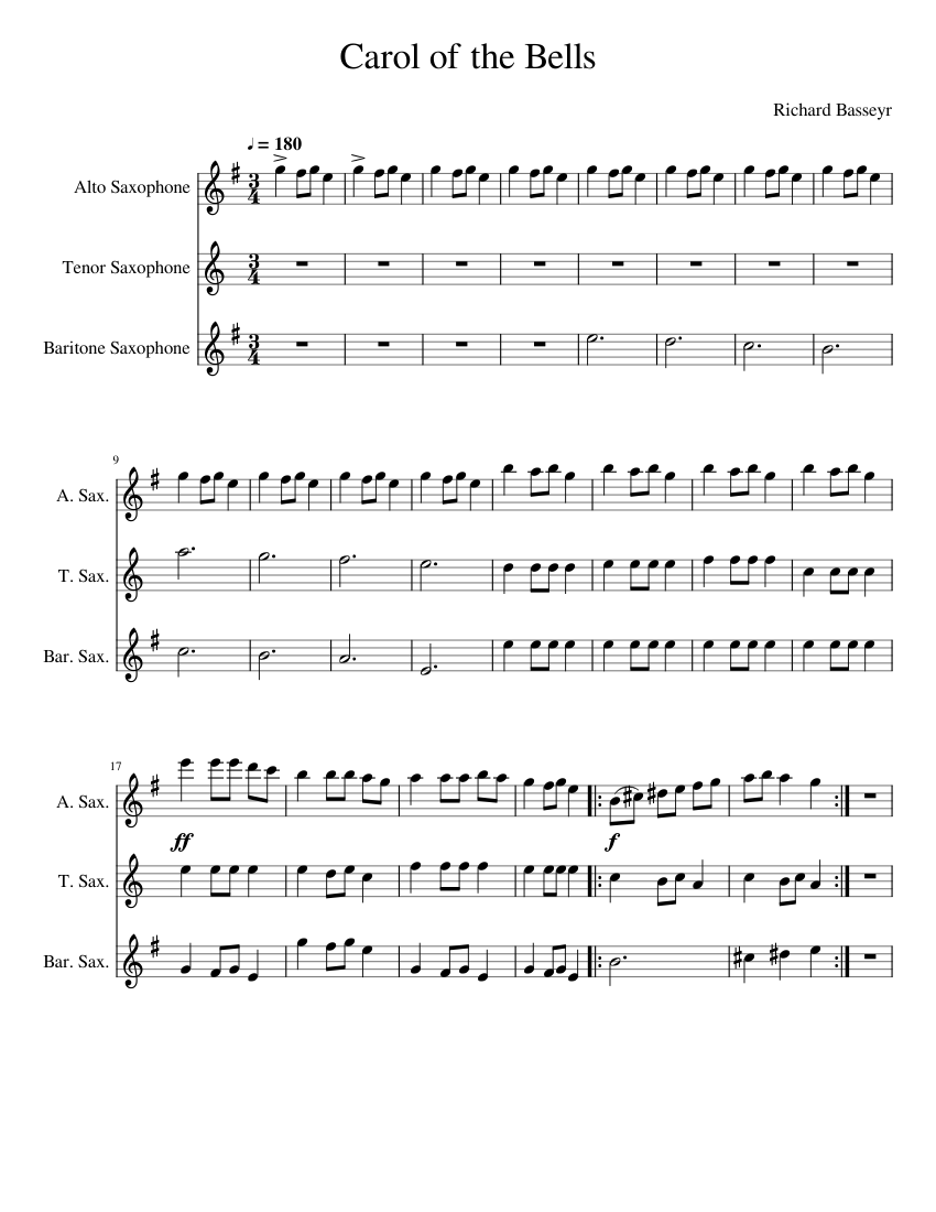 Carol of the Bells Sheet music for Saxophone alto, Saxophone tenor ...