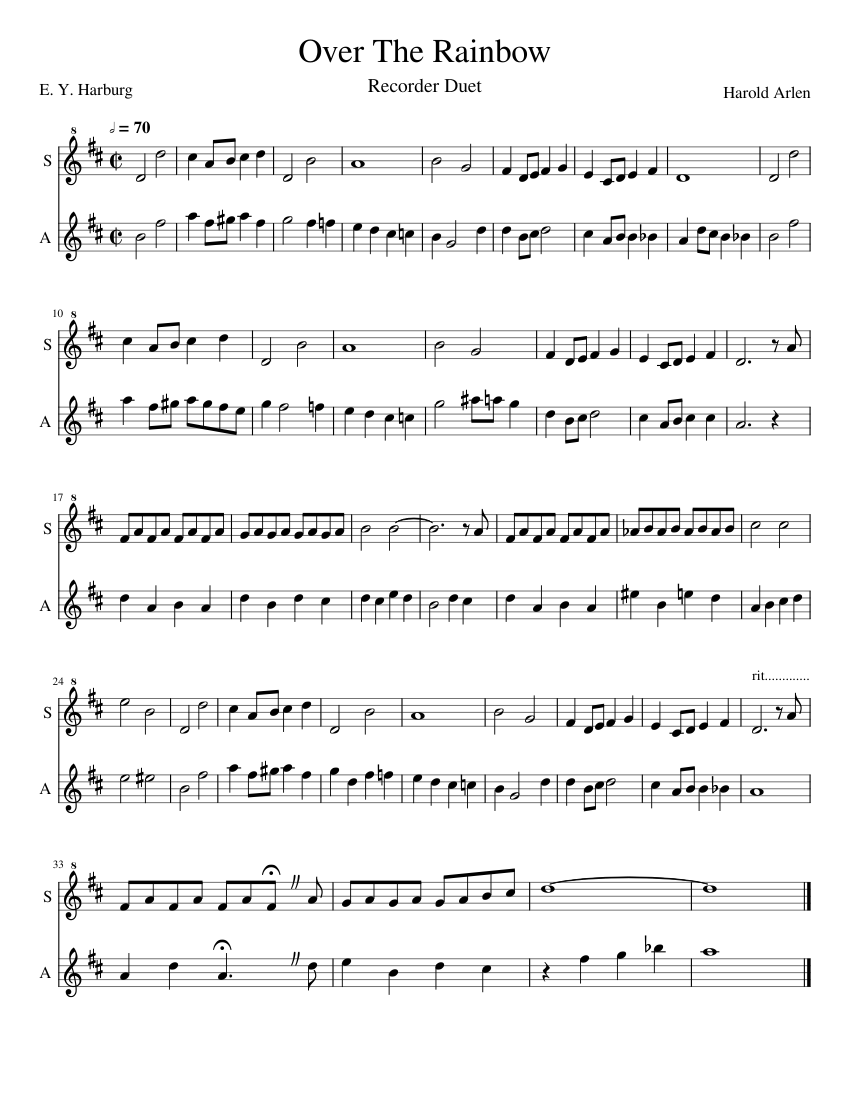 Over The Rainbow Recorder Duet Sheet music for Recorder (Woodwind Duet)