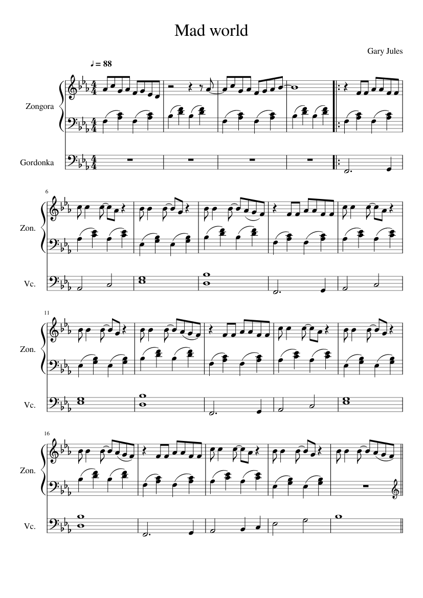 Mad world - Gary Jules Sheet music for Piano, Cello (Solo)