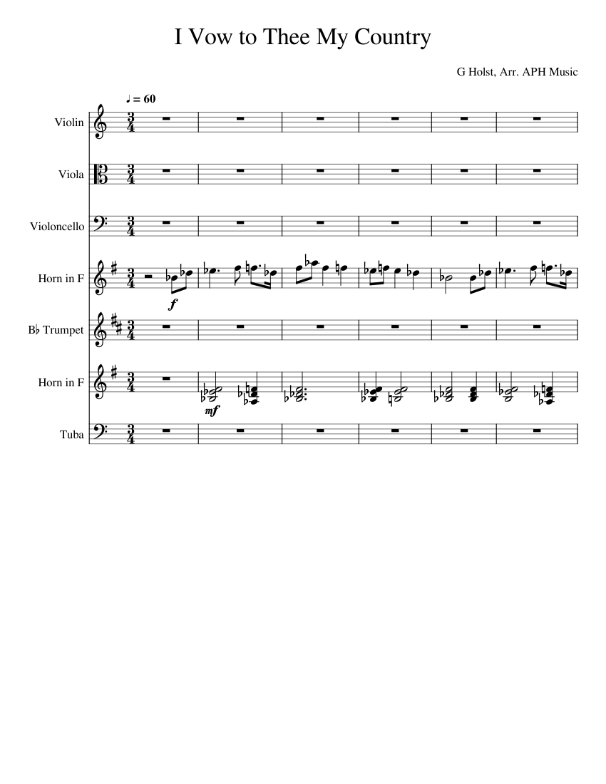 I Vow To Thee My Country Sheet Music For Trumpet In B Flat Violin French Horn Cello More Instruments Mixed Ensemble Musescore Com