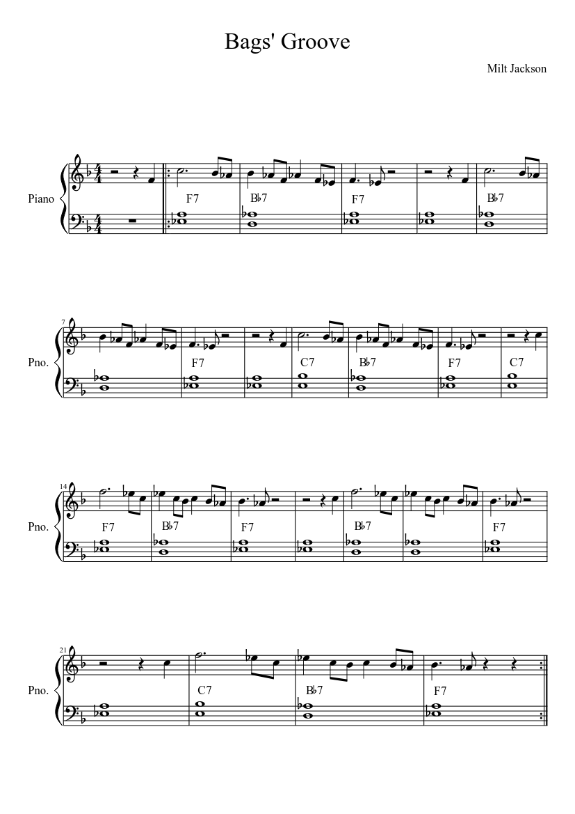 Bag's Groove – Miles Davis Sheet music for Piano (Solo) Easy | Musescore.com