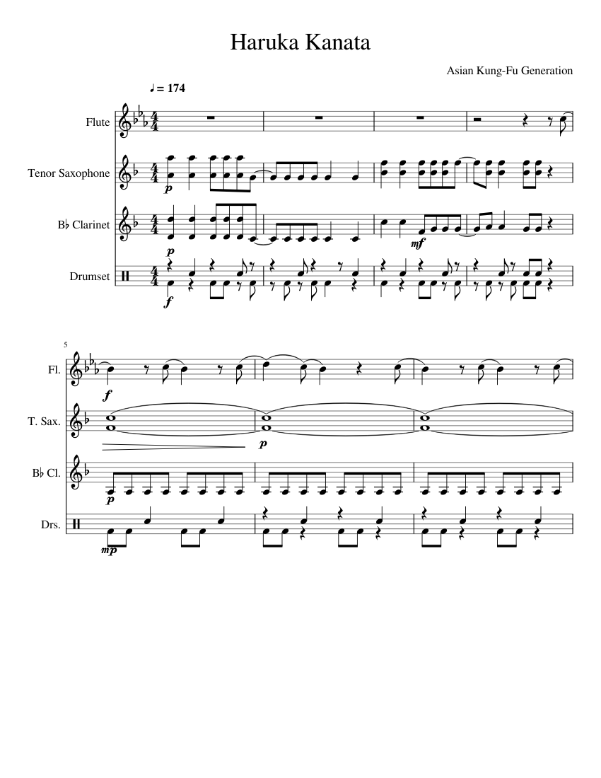 Recurso tiburón paso Haruka Kanata W.I.P Sheet music for Flute, Clarinet in b-flat, Saxophone  tenor, Drum group (Mixed Quartet) | Musescore.com