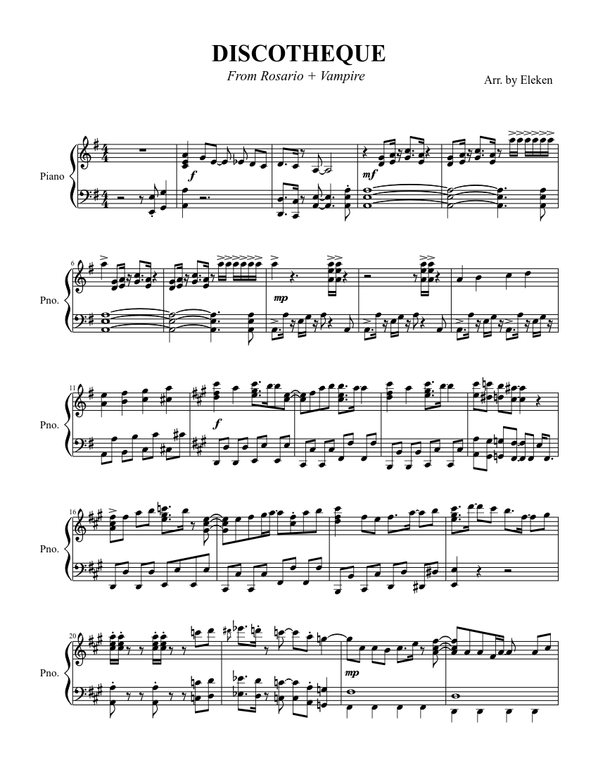 ディスコテーク（ロザリオとバンパイアより、エレケン編曲） 楽譜