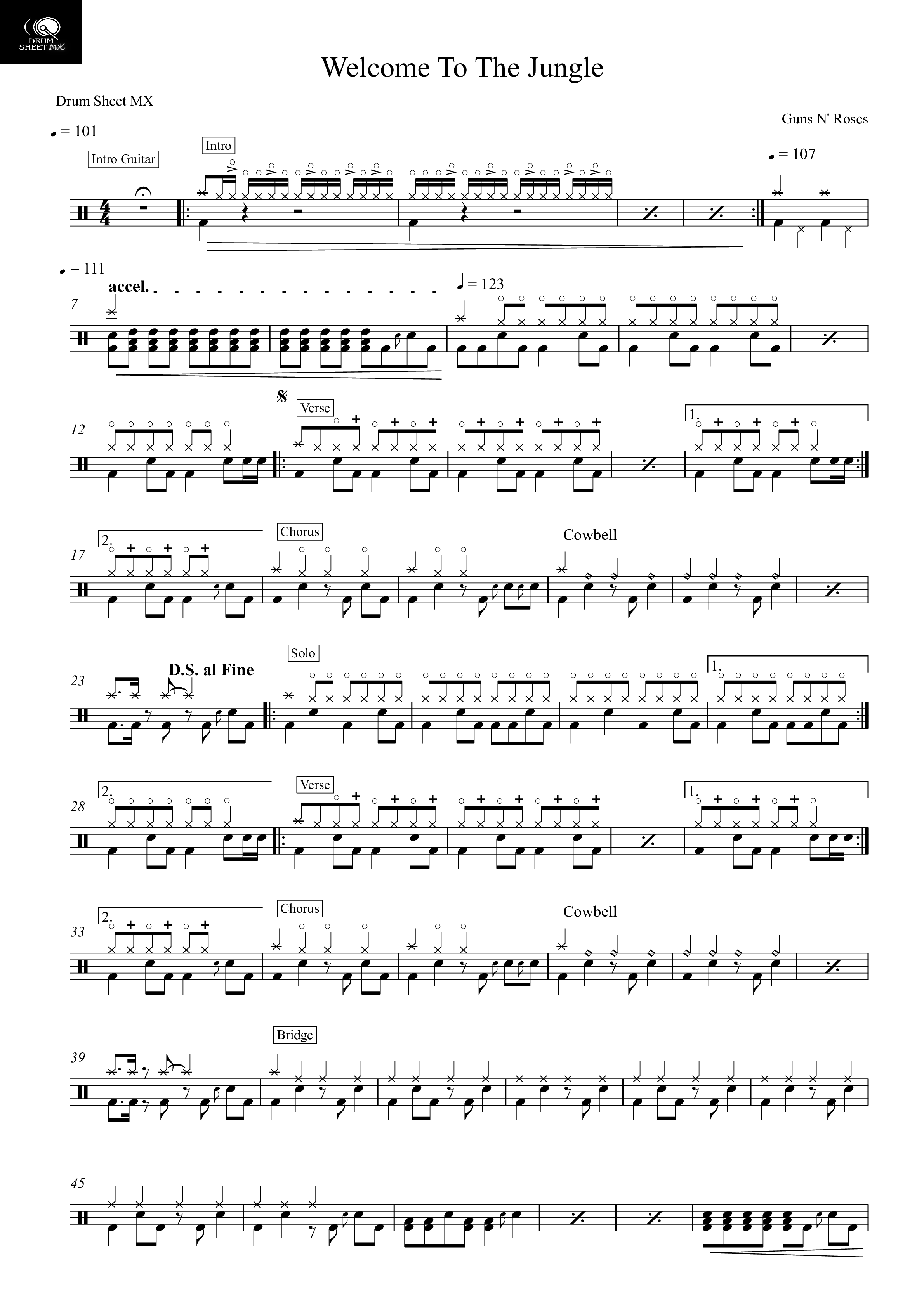 Welcome to the jungle の公式楽譜を演奏する by Guns N' Roses ドラム