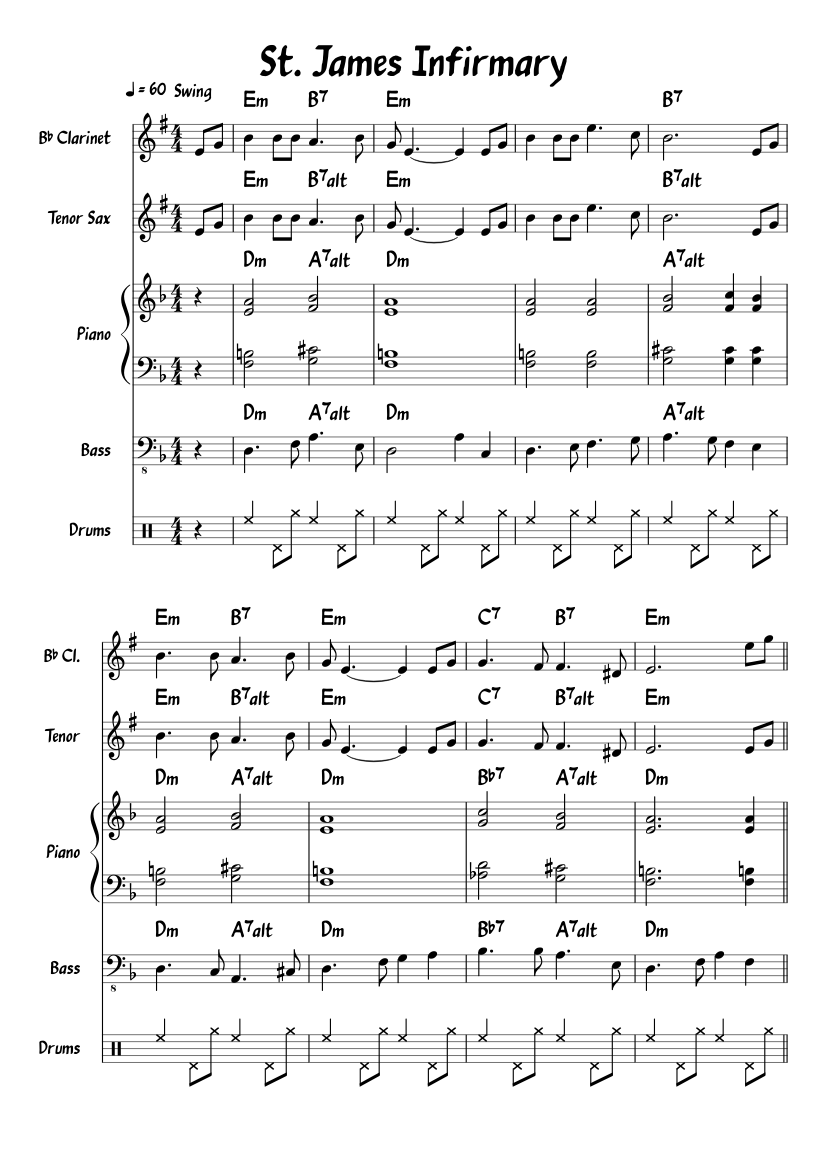 St. James Infirmary Sheet music for Piano, Clarinet in b-flat, Saxophone  tenor, Bass guitar & more instruments (Mixed Quintet) | Musescore.com