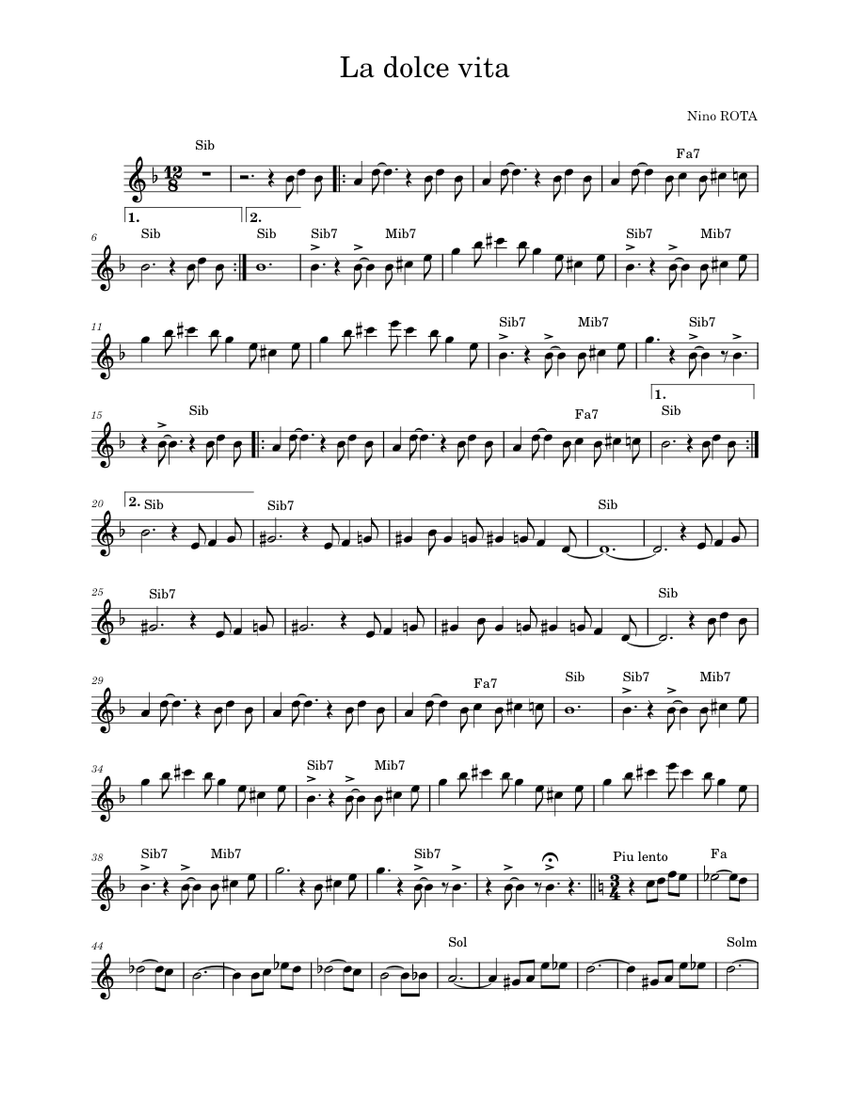 La Dolce Vita – Nino Rota Sheet music for Piano (Solo) Easy | Musescore.com