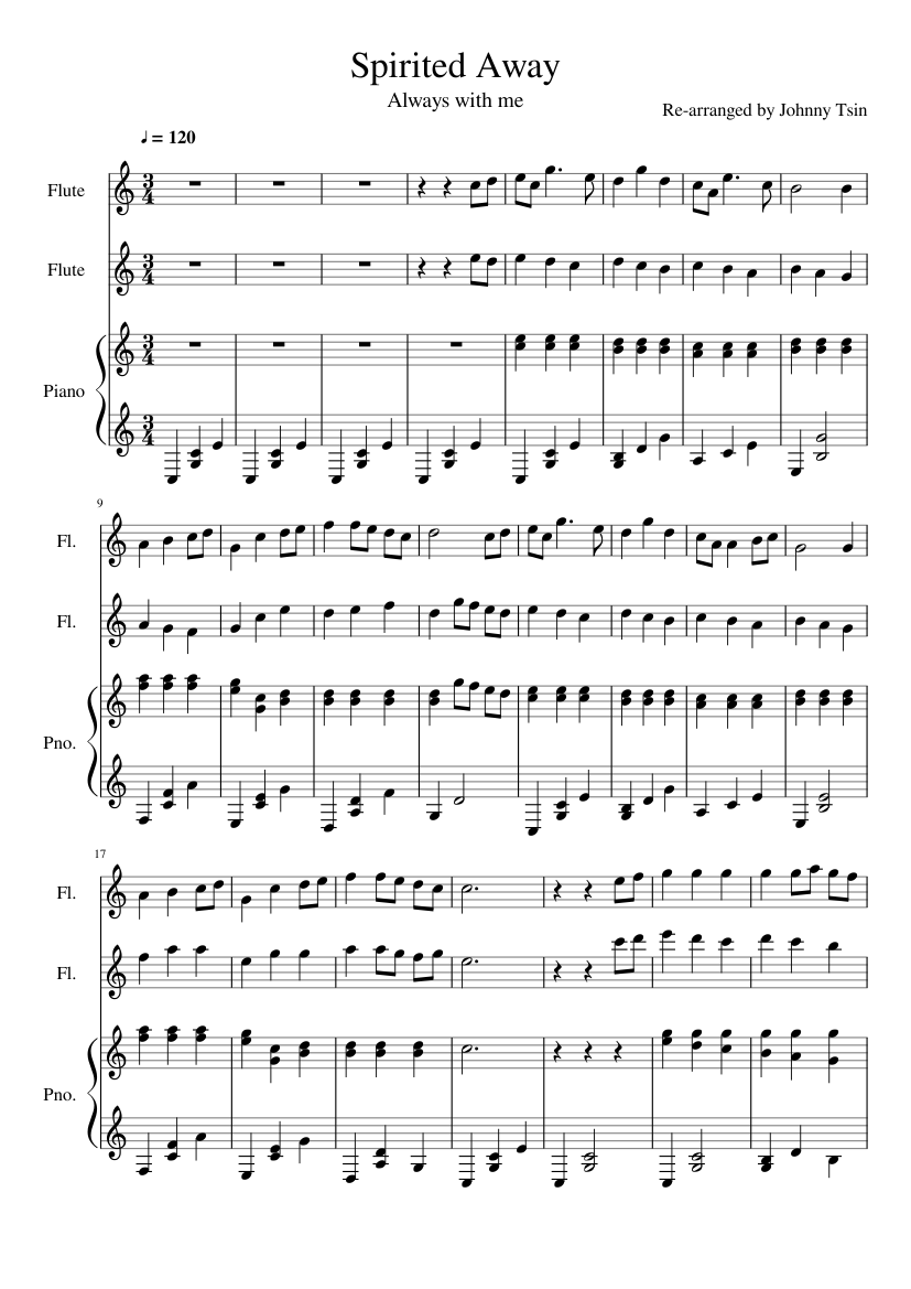 千與千尋 插曲 Spirited Away-Always with me ,flute duet Sheet music for Piano,  Flute (Mixed Trio) | Musescore.com