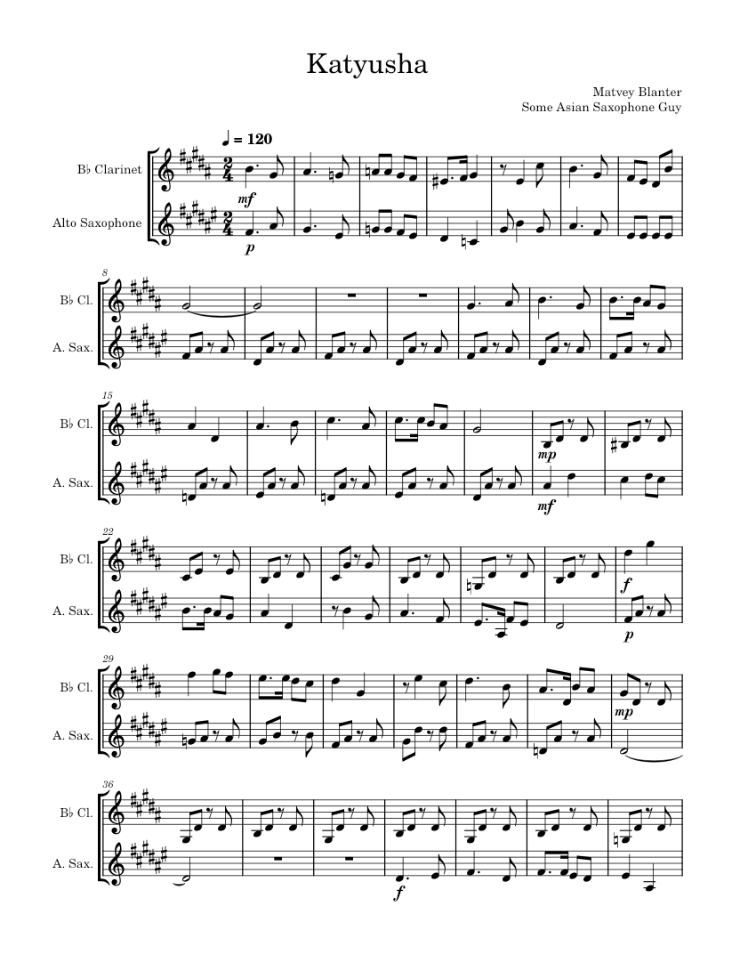 Katyusha (Alto Sax and duet) Sheet music for in b