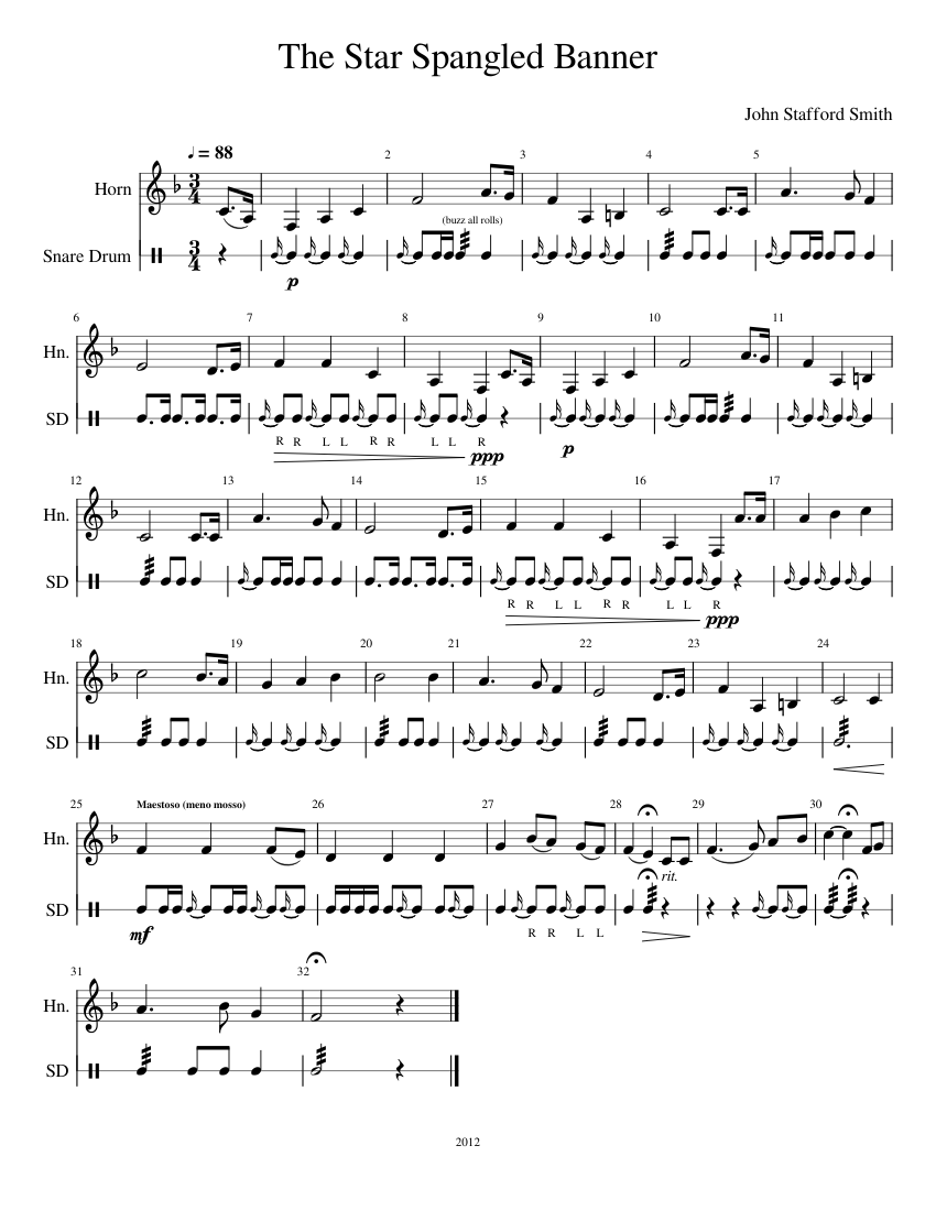 The_Star_Spangled_Banner Sheet music for French Horn, Snare Drum (Mixed