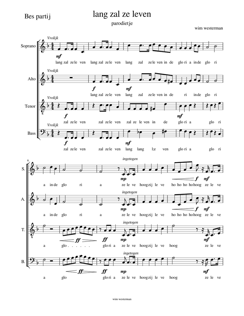 lang zal ze leven koorzetting Sheet music for Soprano, Alto,