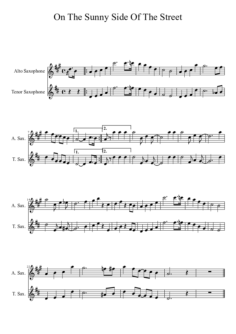 On The Sunny Side Of The Street Sheet Music For Saxophone Alto Saxophone Tenor Woodwind Duet Musescore Com