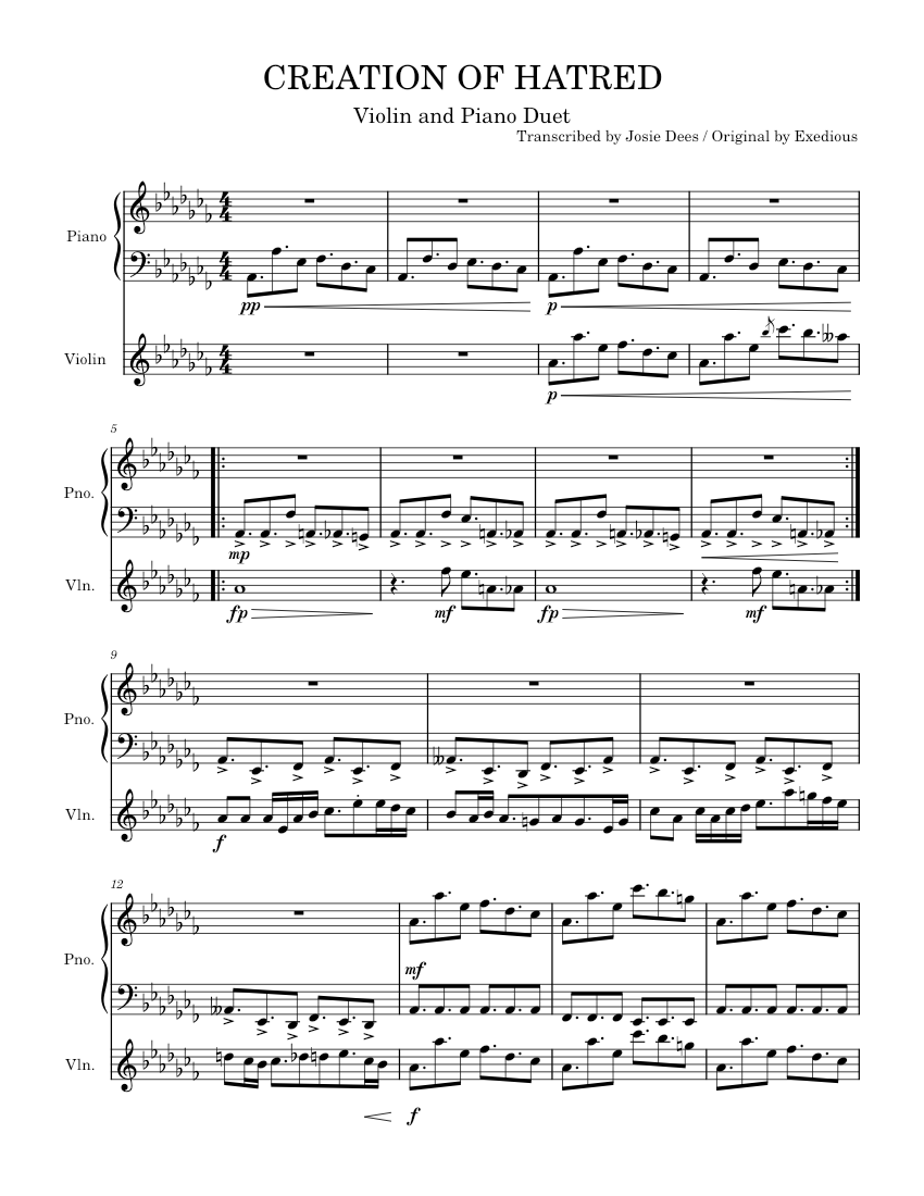 CREATION OF HATRED Sheet Music for Piano, Violin (Solo)