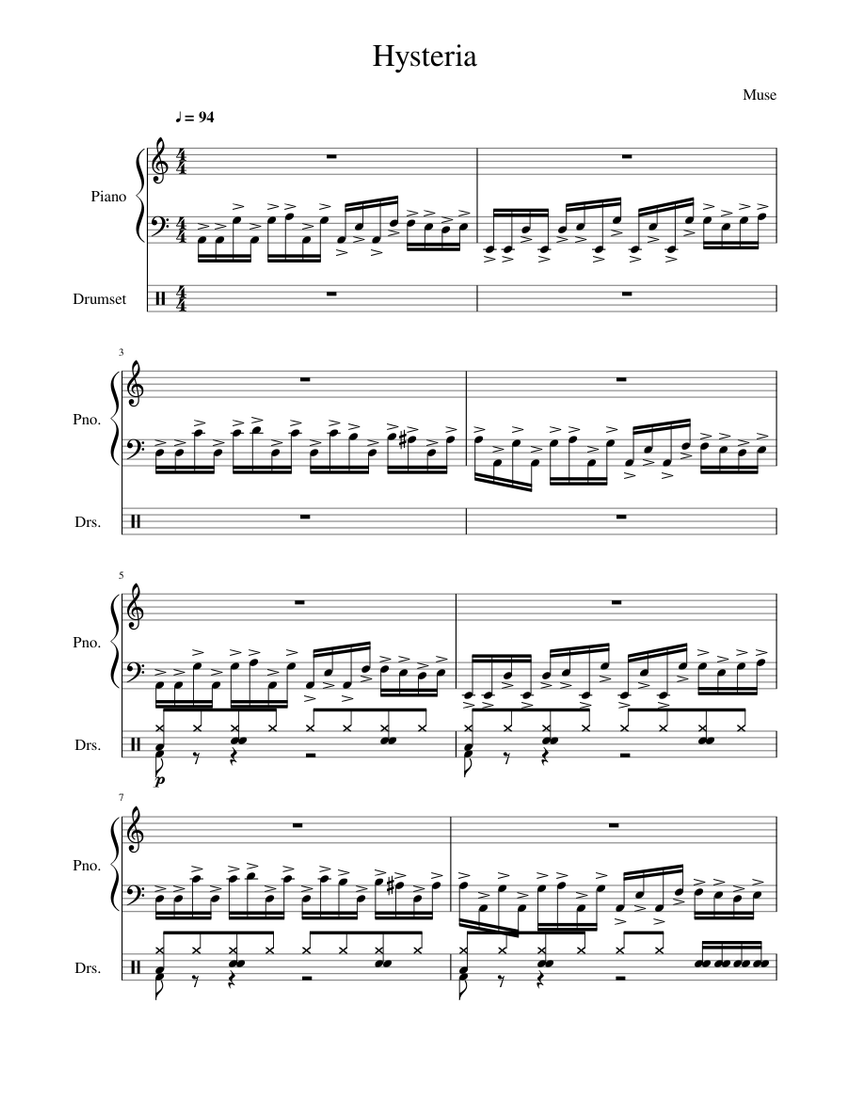 Muse - Hysteria Sheet music for Piano, Drum group (Mixed Duet) |  Musescore.com