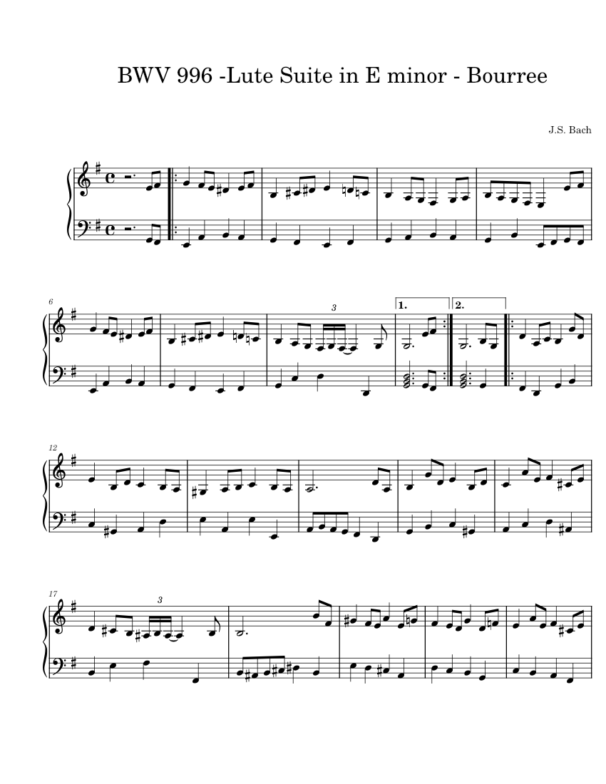 BWV 996 Lute Suite in E minor Bourree Sheet music for Piano (Solo