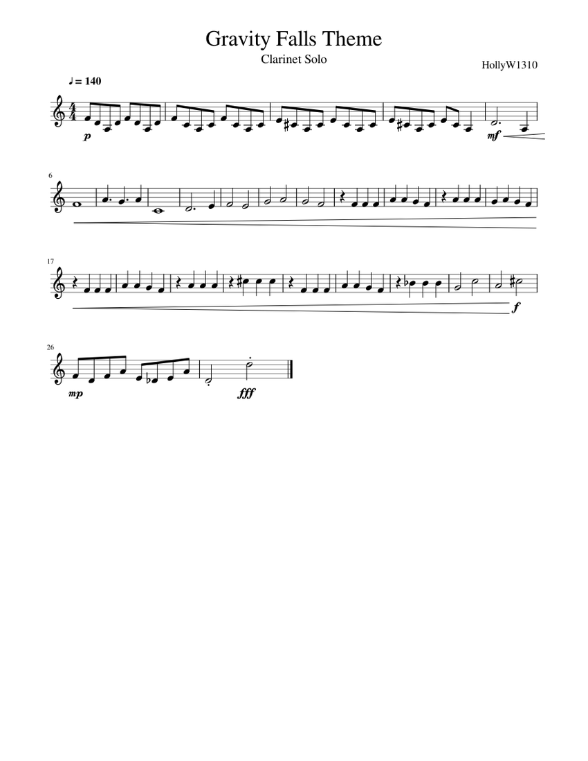 Gravity Falls Theme Sheet Music For Clarinet In B Flat Solo