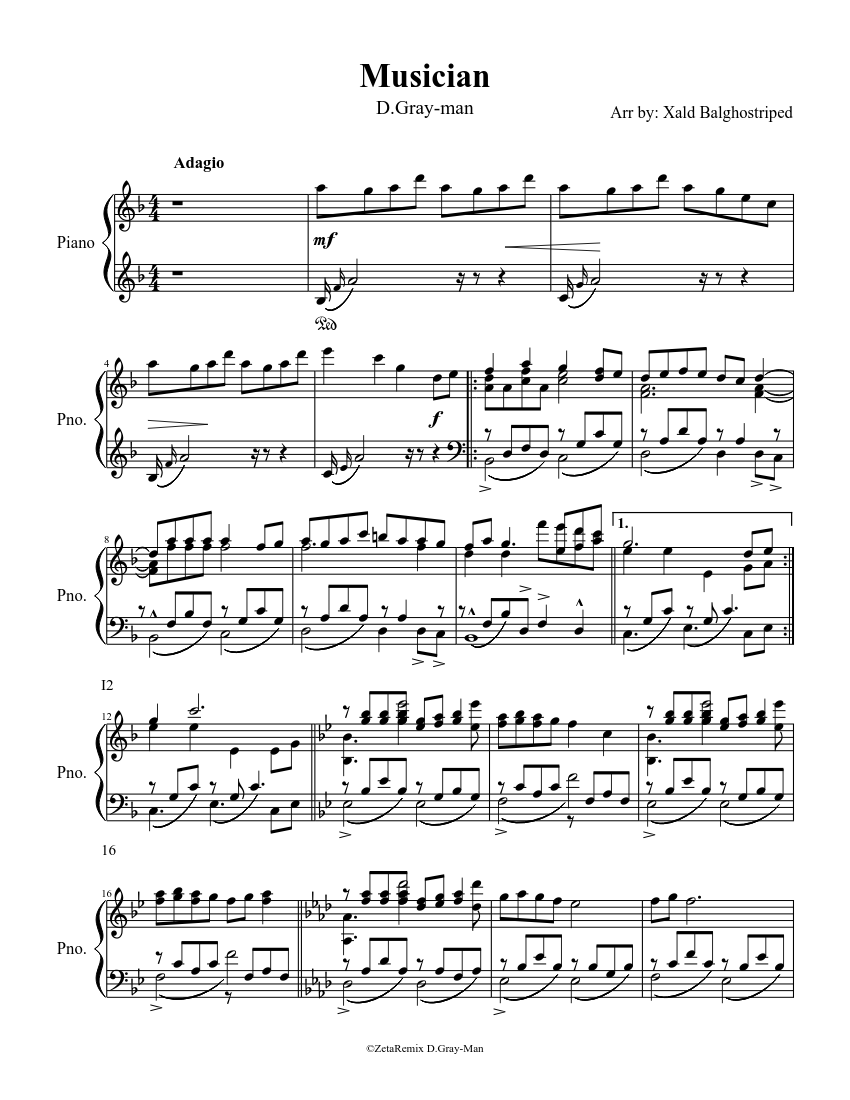 Musician 14th S Melody From D Gray Man Arr By Xald Balghostriped Sheet Music For Piano Solo Musescore Com