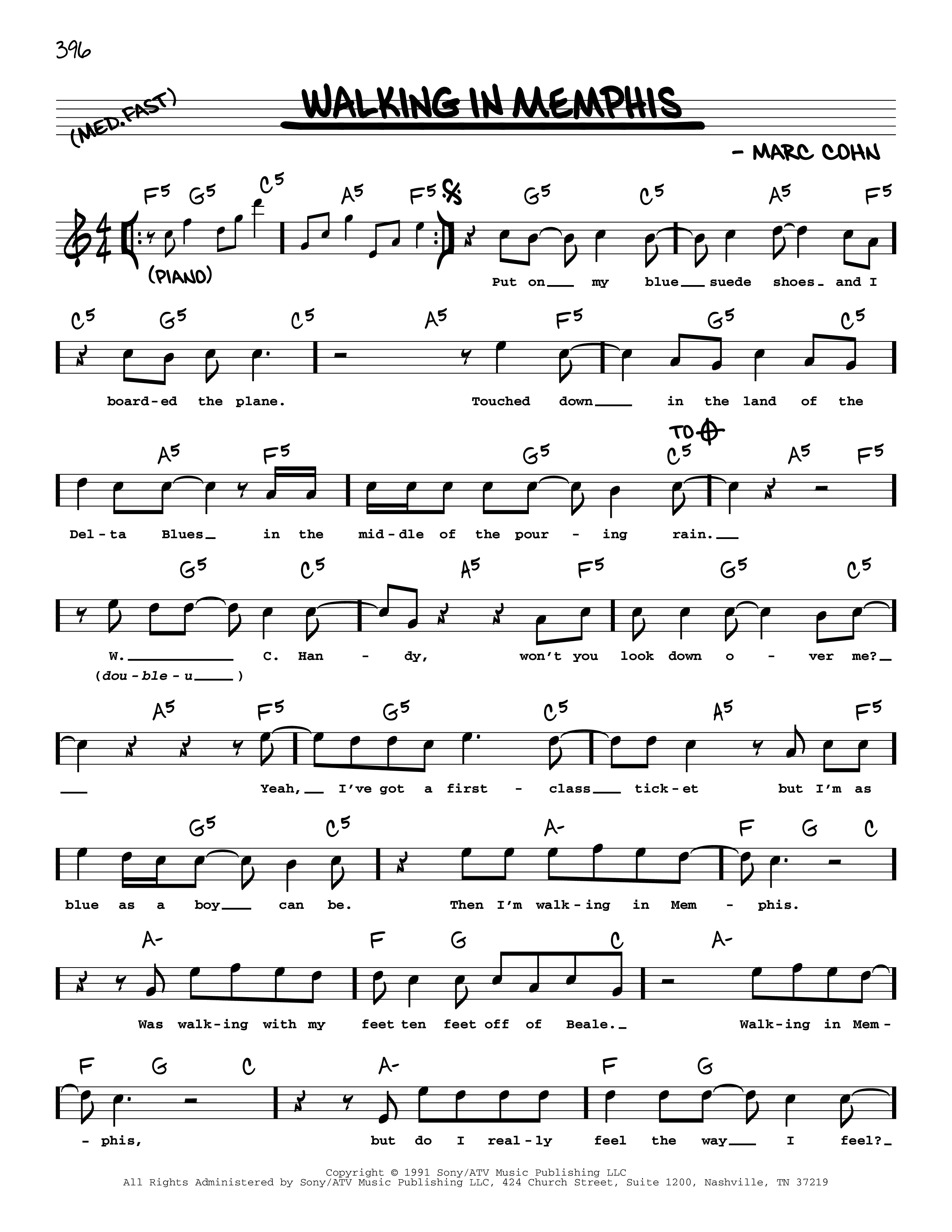 Memphis Notes Play Official version of Walking In Memphis sheet music by Marc Cohn ...