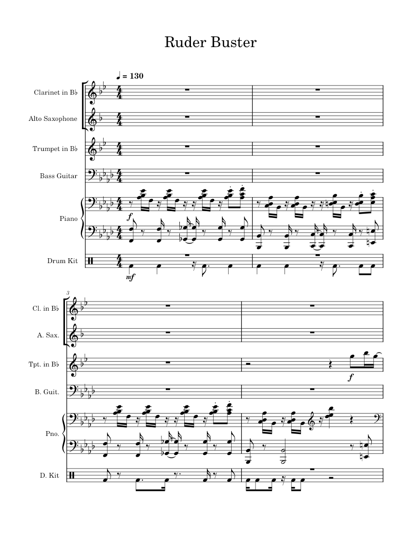 Ruder Buster – Toby Fox Sheet Music for Piano, Saxophone alto, Bass ...