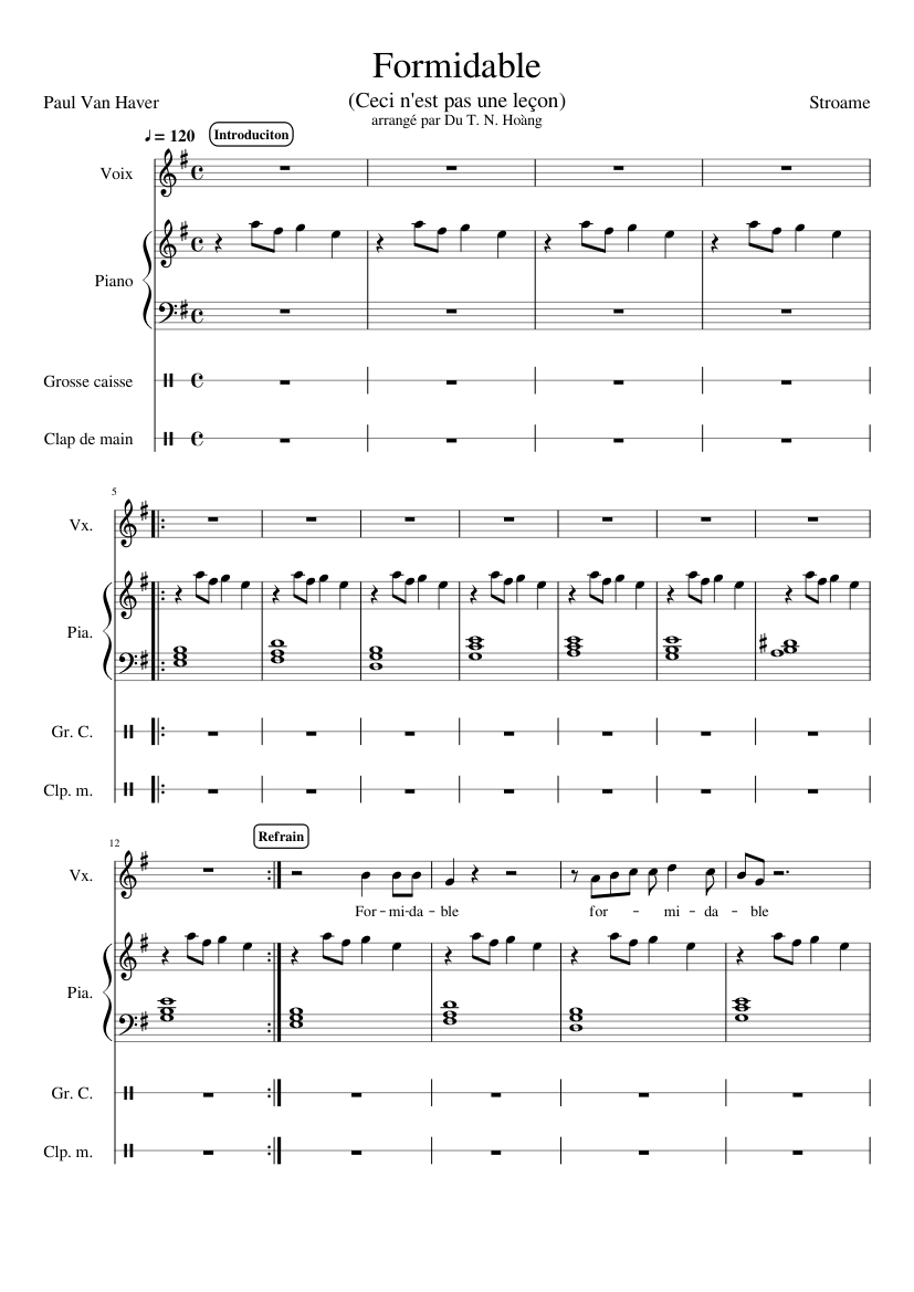 Formidable - Stromae V1.5 Sheet music for Piano, Vocals, Bass drum, Hand  clap (Mixed Quartet) | Musescore.com