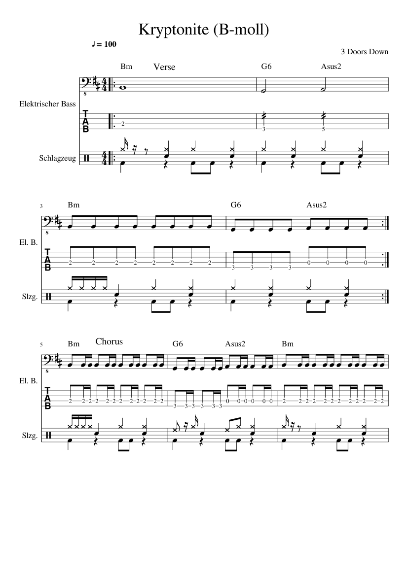 3 Doors Down Kryptonite (Bmoll) bass and drums (unfinished) Sheet